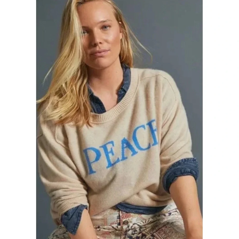 Saturday Sunday Anthropologie Peace Graphic Knit Sweater Tan‎ Blue Size L